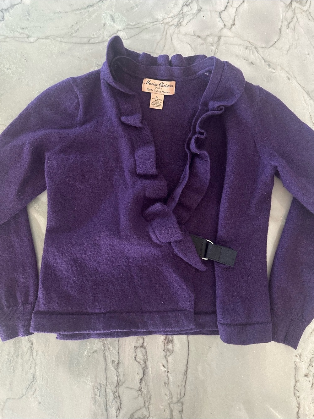 Merino Wool Royal Purple Cardigan Open Front Sweater Ruffle Trim Detail